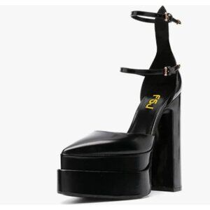 FSJ Black Platform Closed Pointed Toe Ankle Strap Chunky High Heel Sexy Shoes